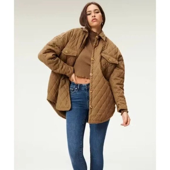 Good American Quilted Faux Sherpa Lined Jacket  Coat Shacket Brown 1/2 M/L - Picture 1 of 6